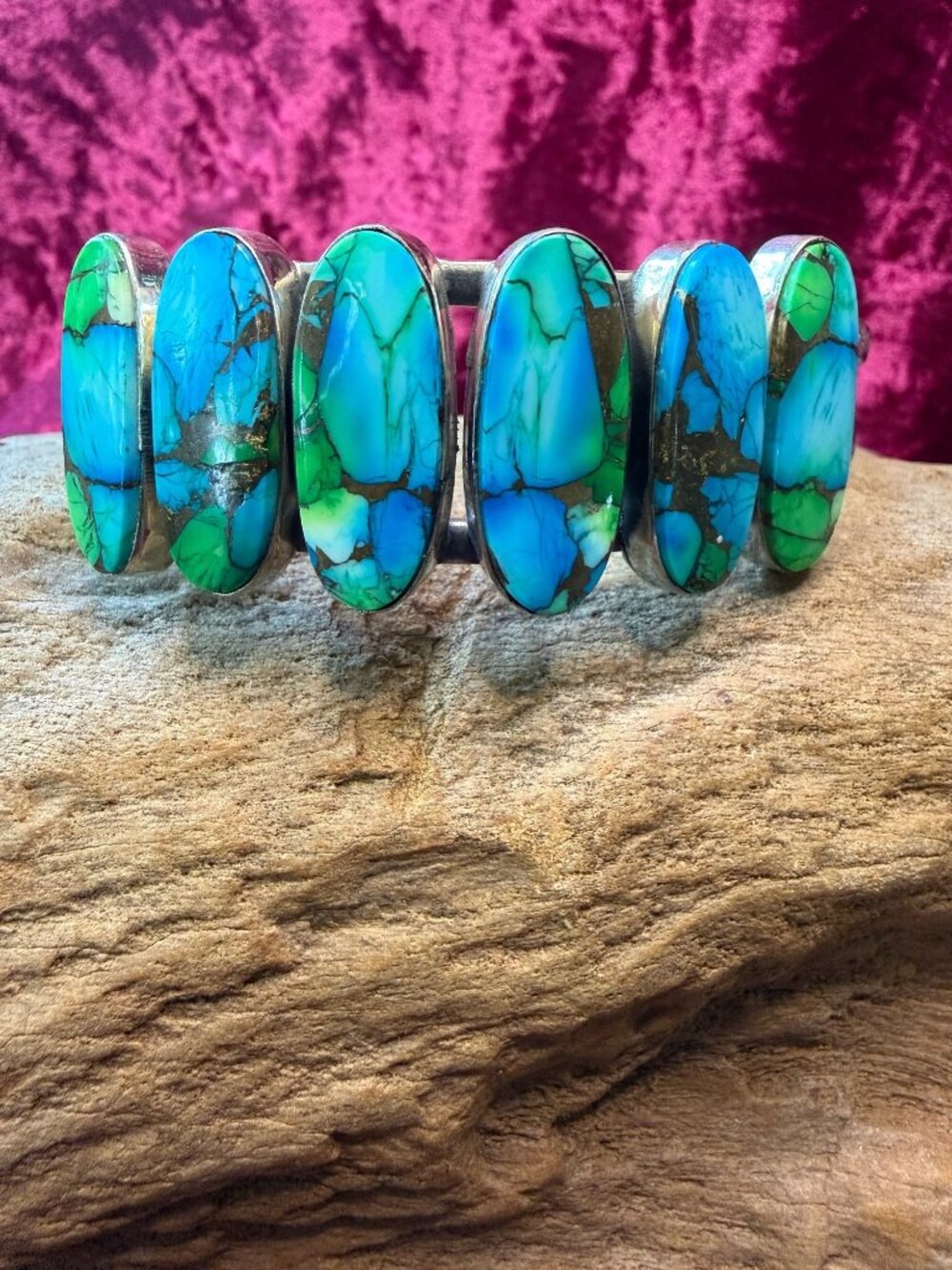 Sterling Silver Cuff Bracelet With Peacock Dahlia Stones Handcrafted Design